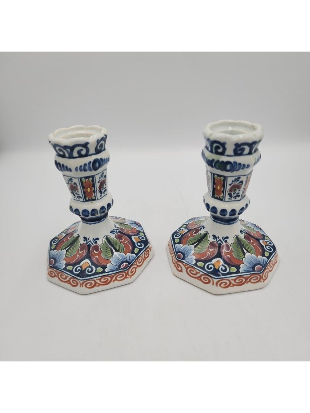 Antique Pair Delft Polychrome Oude Candlestick Holders Hand Painted 4” Dutch